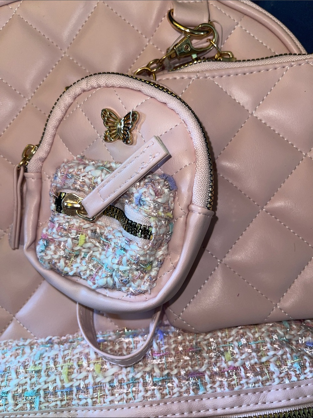 Quilted Pink Women's Backpack with Tweed Front Pocket and Gold Accents - Picture 3 of 8